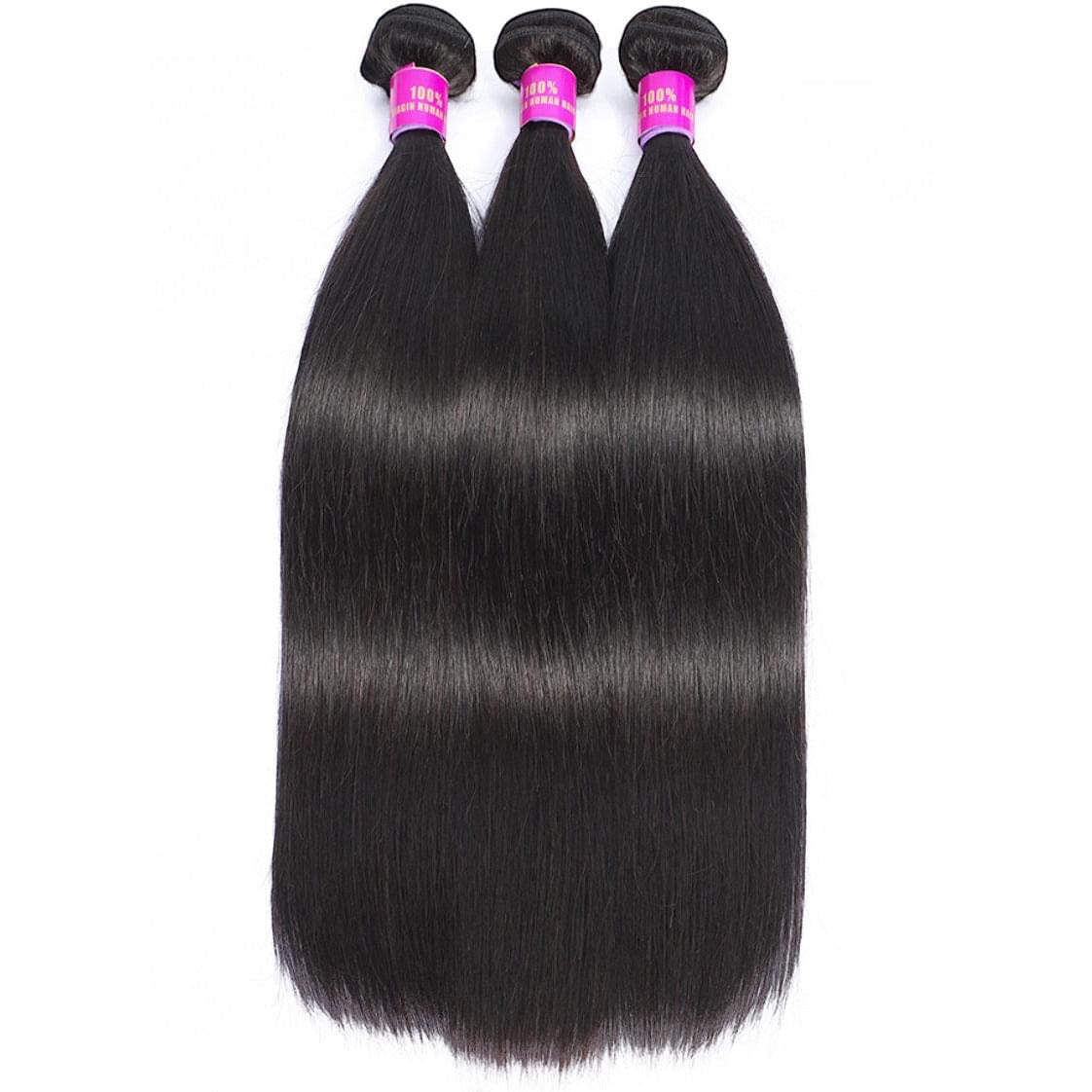 AQueenzDen Brazilian Premium Virgin Human Hair Bundles - Straight, natural black, 100% human hair, luxurious texture, can be dyed.