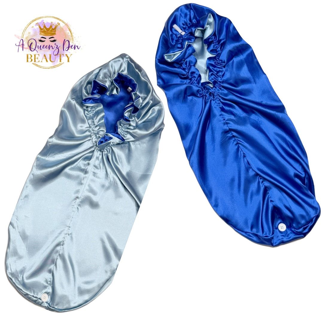A Queenz Den double layer long satin hair bonnet in light blue and royal blue, reversible design for thick hair.