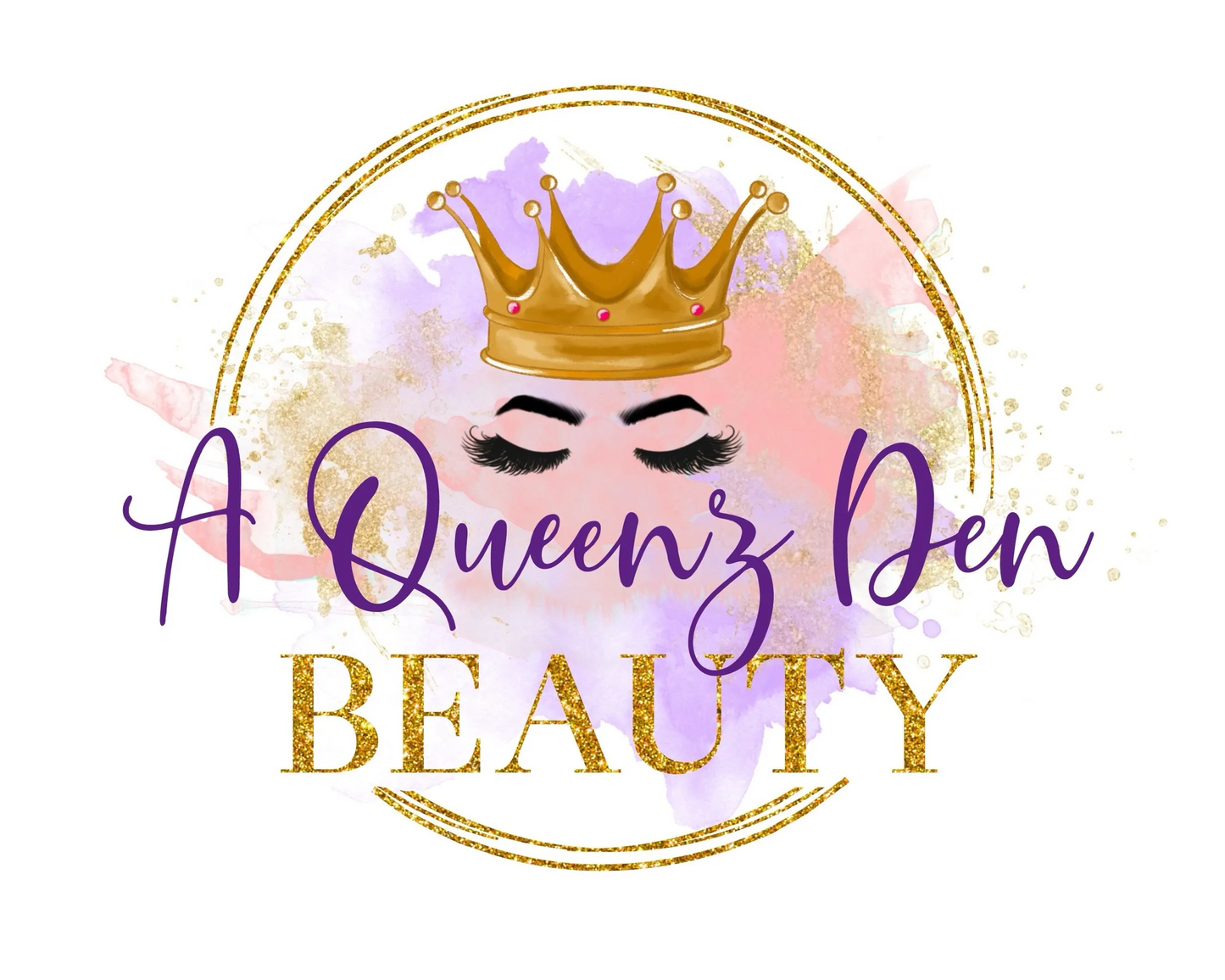 A Queenz Den gift card featuring a gold crown and purple text on a watercolor background.