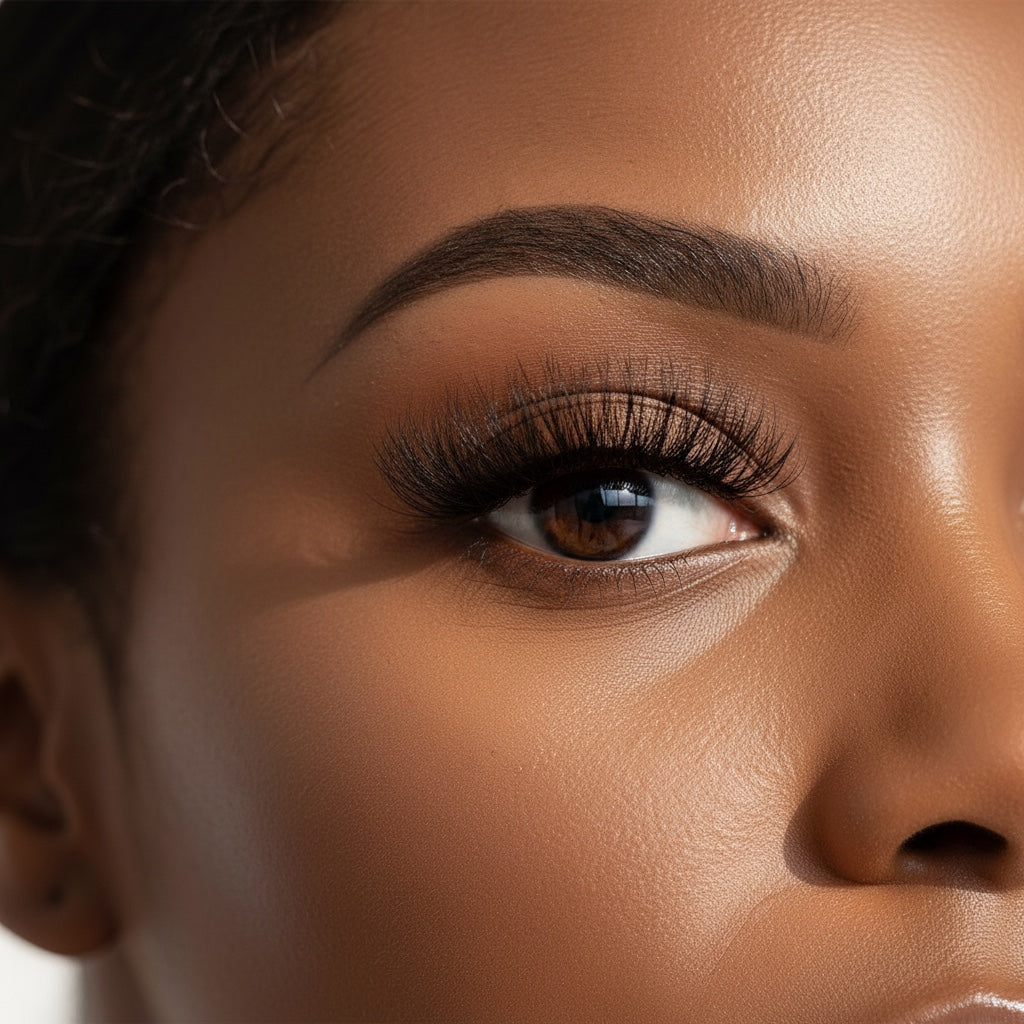 AQueenzDen Tiara real mink fluffy lashes with a voluminous, feathery finish. Model with closed eyes.