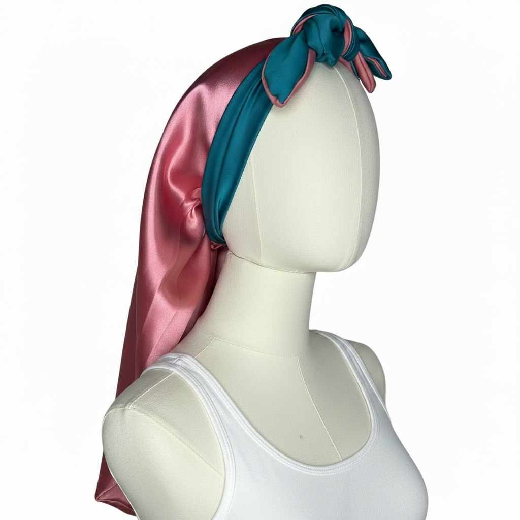 Long Adult Double Layer Satin Hair Bonnet with Adjustable Ties_Large Night Cap with Ties_Silky Satin Hair Bonnet for Women