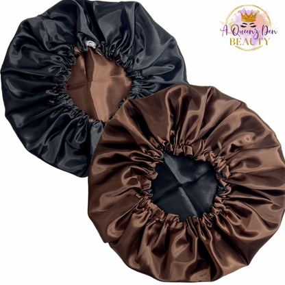 Adult Adjustable Double Layer Reversible Hair Bonnet for Natural, Curly, Loc'd Hair_Silky Satin Night Hair Bonnet for Women