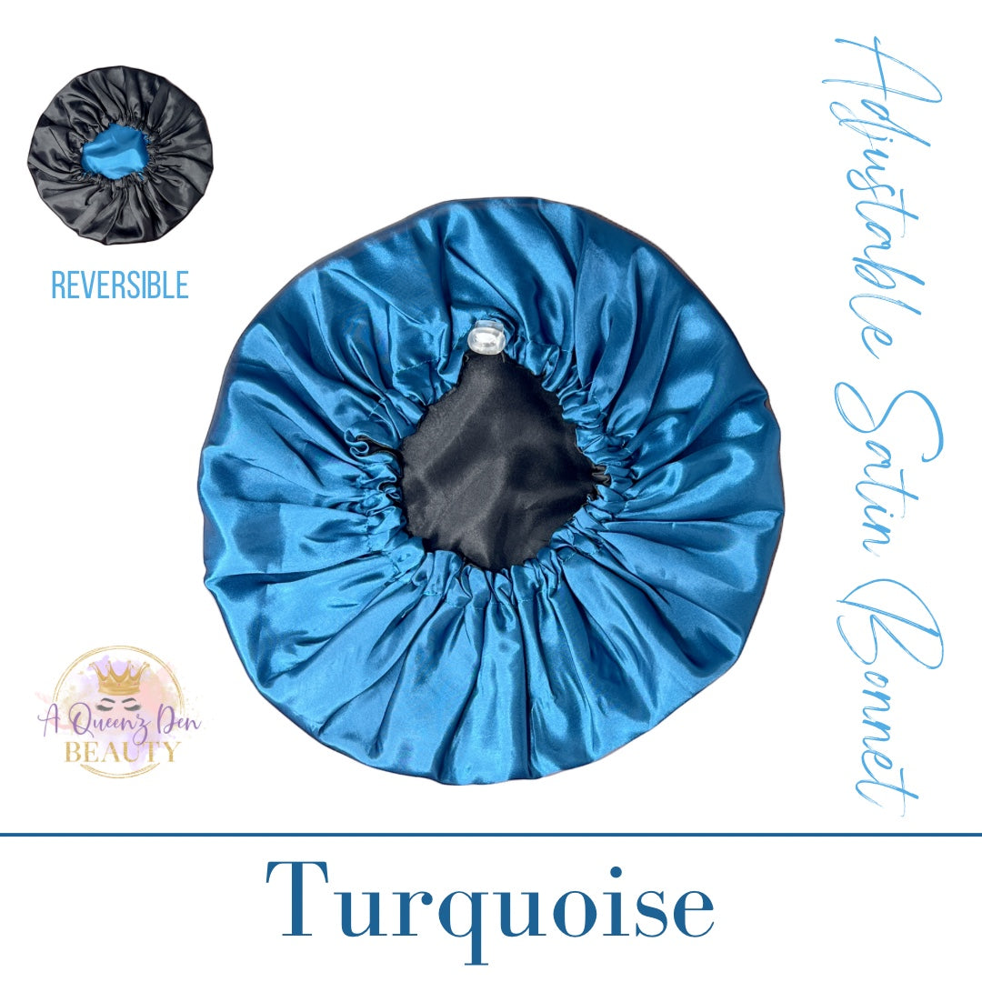 AQueenzDen Adjustable double layer reversible satin bonnet in turquoise and black, designed for natural hair.