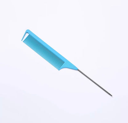 AQueenzDen blue plastic rat tail comb with metal pin for precise parting and braiding