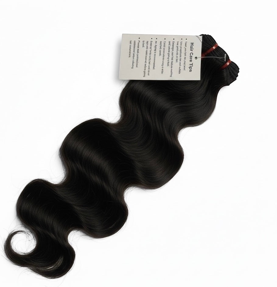 AQueenzDen black virgin human hair bundles with body wave texture, dyeable and bleach friendly.