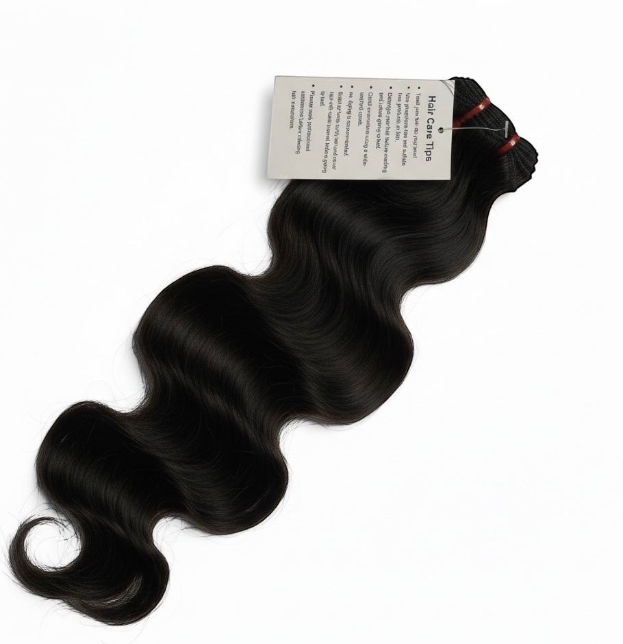 AQueenzDen black virgin human hair bundles with body wave texture, dye and bleach friendly.