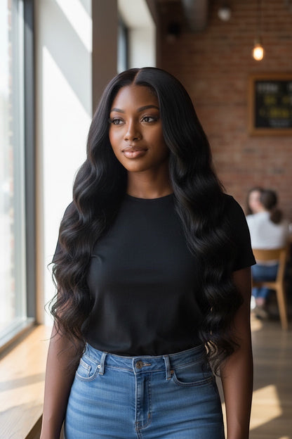 AQueenzDen black body wave virgin human hair bundles on a woman with dark skin wearing a black t-shirt and jeans.