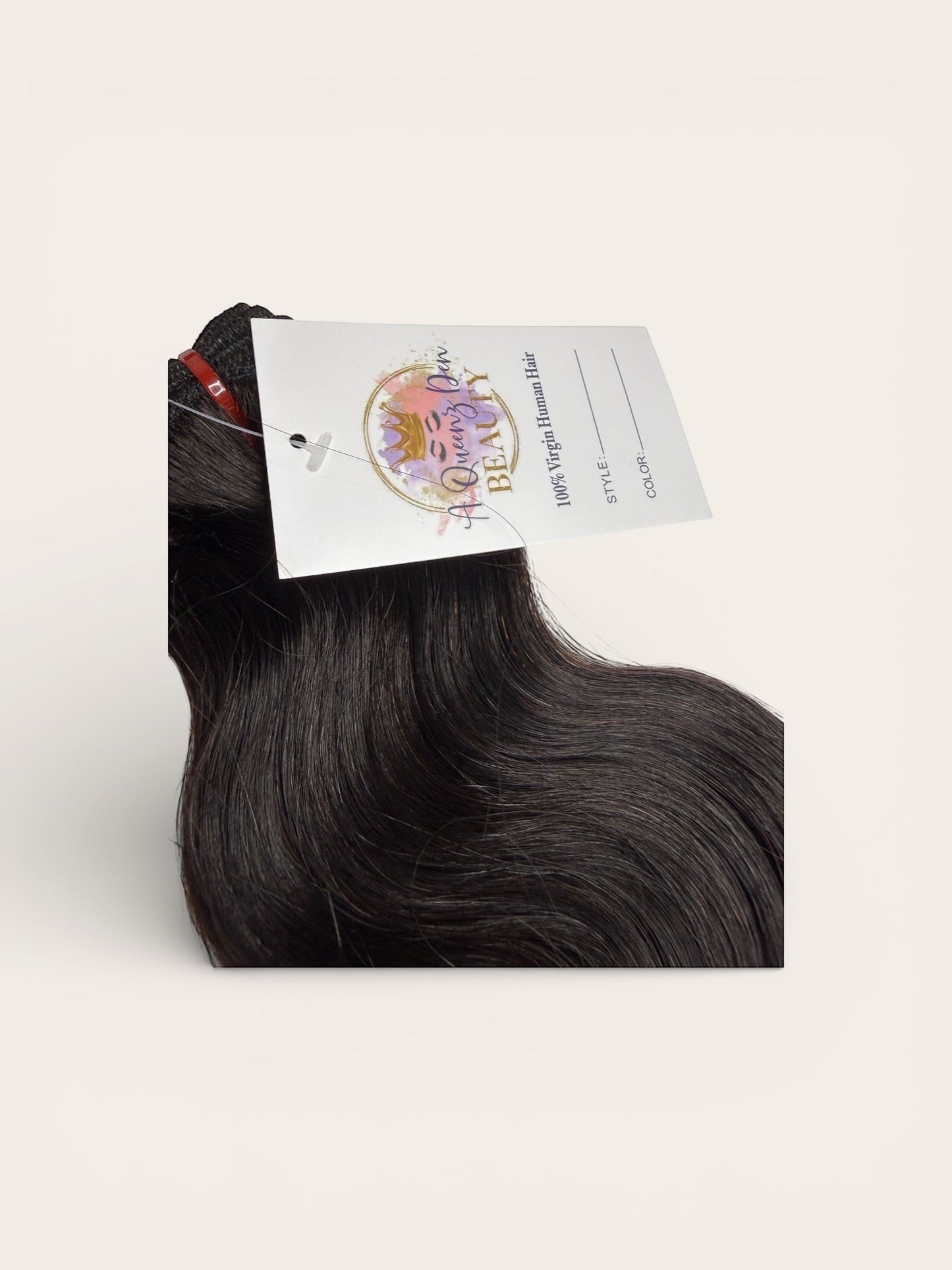 AQueenzDen Brazilian Premium Virgin Human Hair Bundles in Body Wave, natural dark brown color.