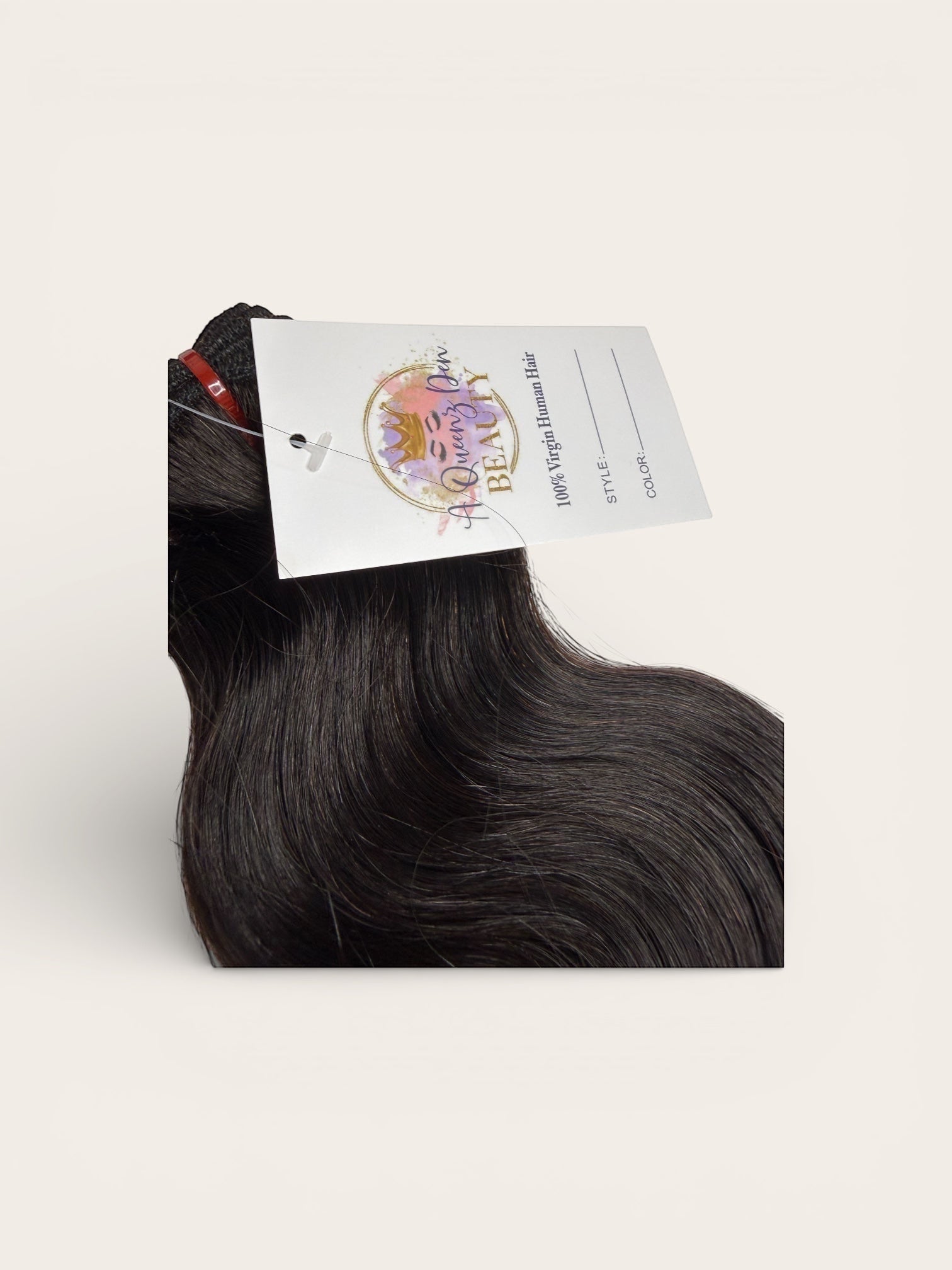 AQueenzDen Brazilian Premium Virgin Human Hair Bundles in Body Wave, natural dark brown color.