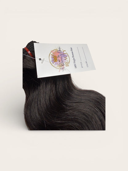AQueenzDen Brazilian Premium Virgin Human Hair Bundles in Body Wave, natural dark brown color.