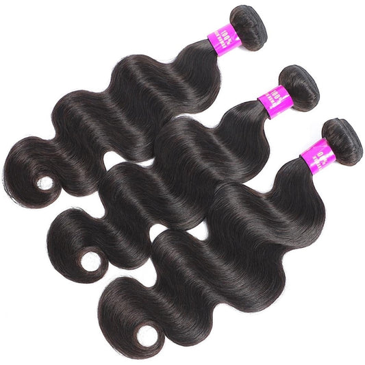 AQueenzDen Brazilian Premium Virgin Human Hair Bundles in Body Wave style, natural dark brown color.