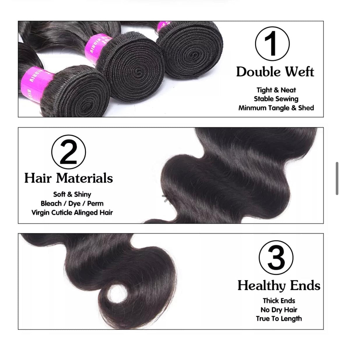 AQueenzDen Brazilian Premium Virgin Human Hair Bundles - Straight, natural black, double weft, soft, shiny, healthy ends.
