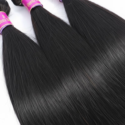 AQueenzDen Brazilian Premium Virgin Human Hair Bundles - Straight, natural black color, smooth texture, can be dyed and bleached.