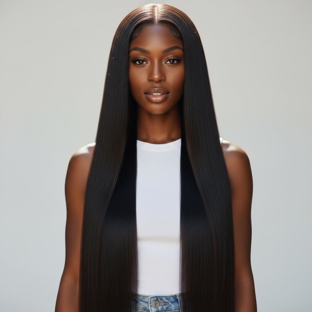 AQueenzDen Brazilian Premium Virgin Human Hair Bundles - Straight, natural black, long, sleek.