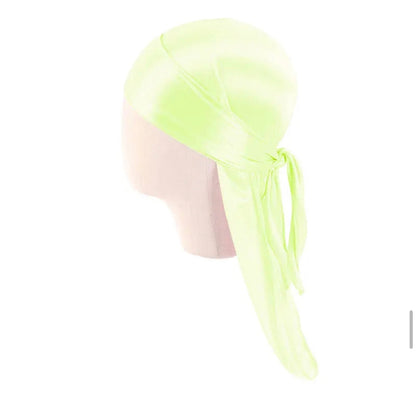 AQueenzDen Child silk satin durag in neon yellow, designed for infants and toddlers, featuring adjustable ties for a secure fit.