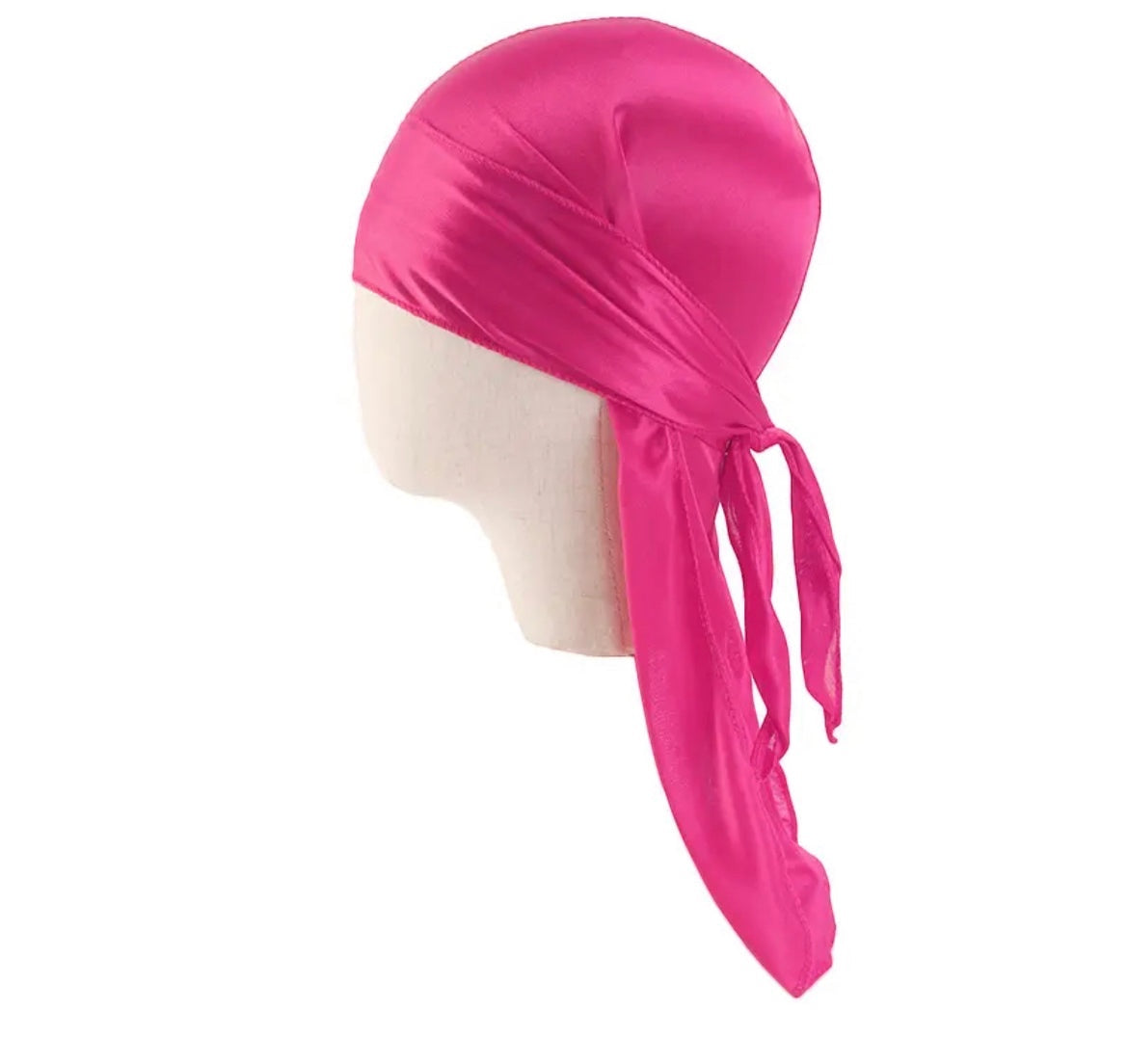 AQueenzDen Child silk satin durag in bright pink, designed for infants and toddlers to protect hair.
