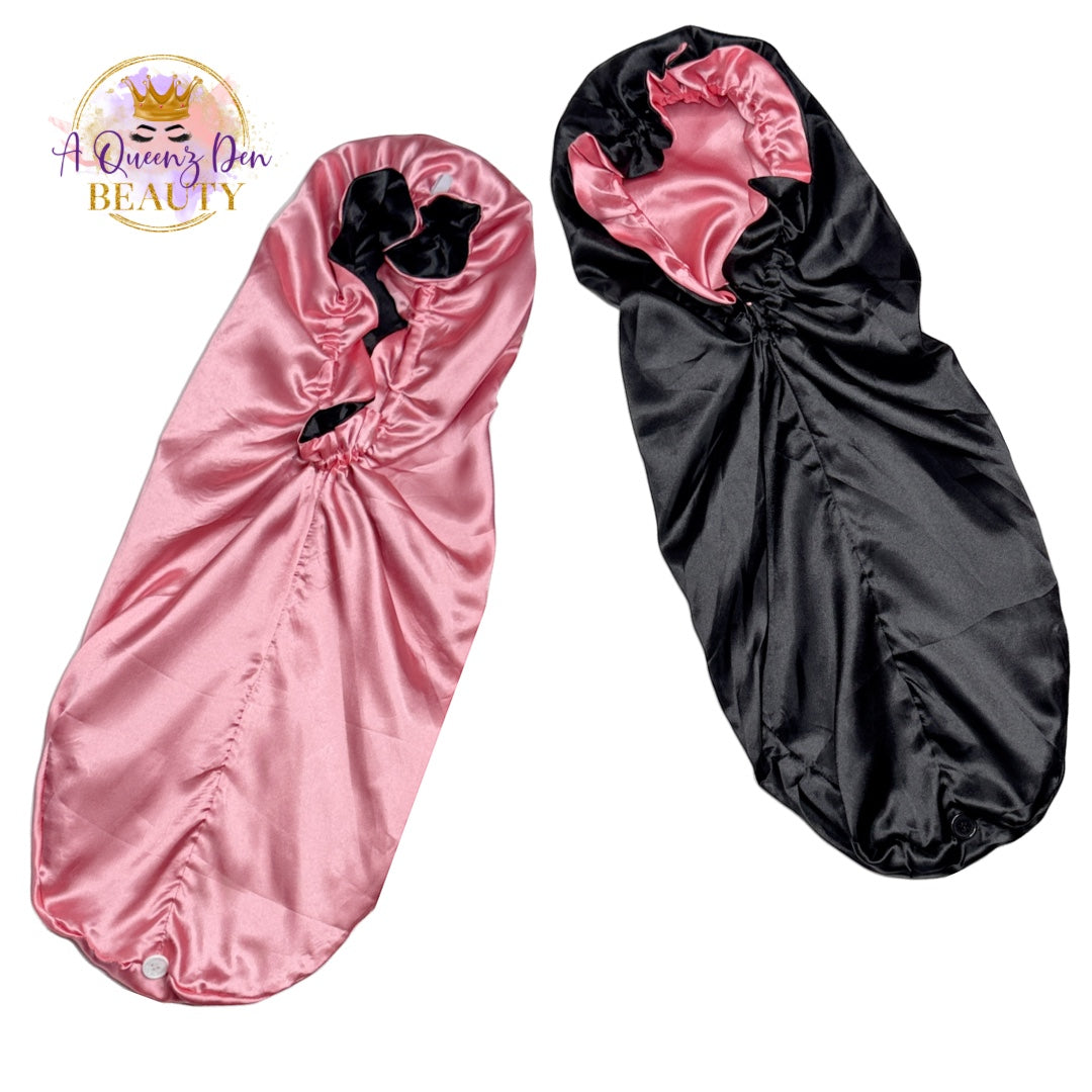 AQueenzDen Double Layer Long Satin Hair Bonnet in pink and black, reversible design for long and thick hair.