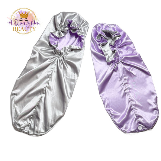 AQueenzDen Double Layer Long Satin Hair Bonnet in silver and lavender, reversible design for long, thick hair.