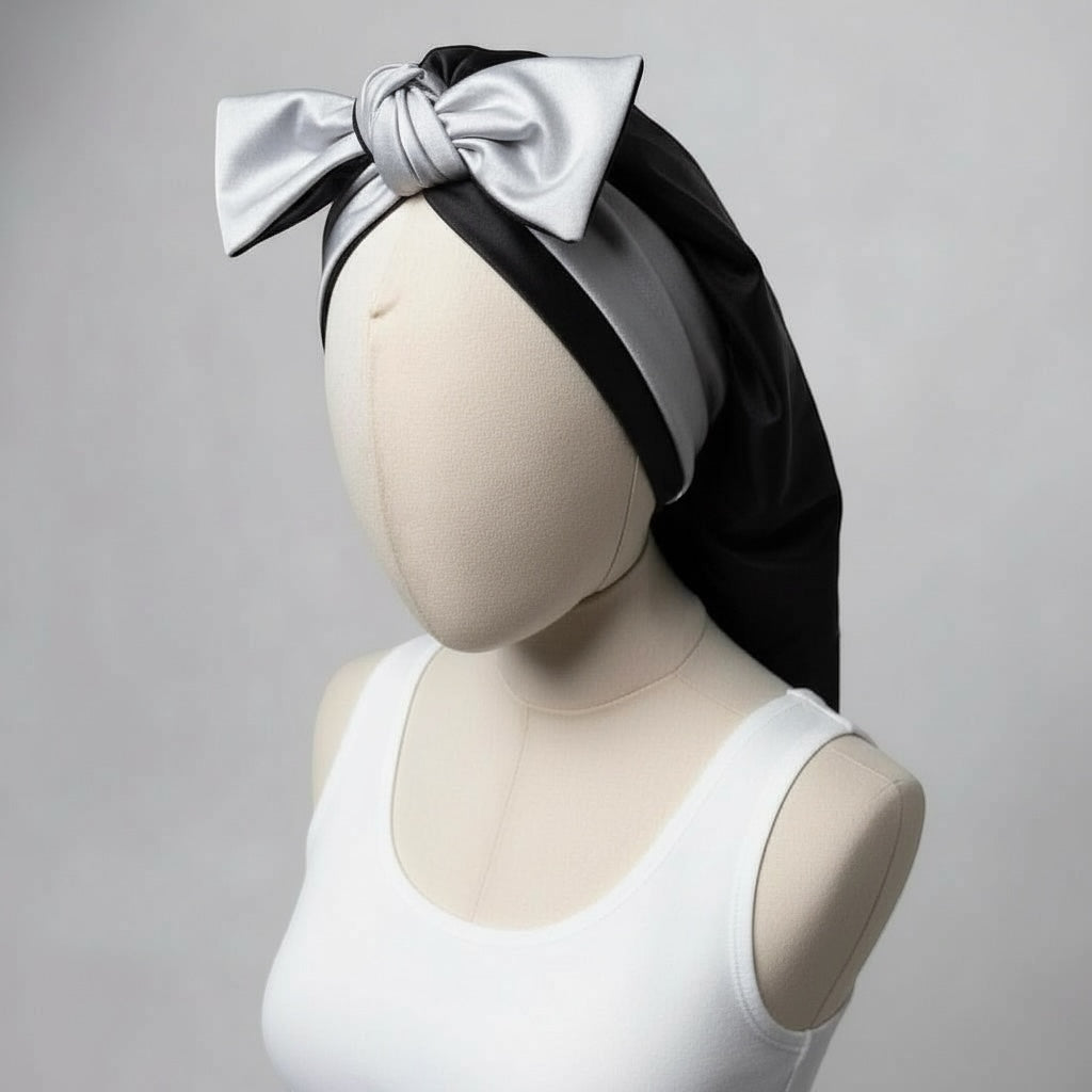 AQueenzDen black and silver double layer satin bonnet with adjustable ties and a large bow detail.