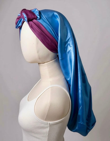 AQueenzDen reversible double layer satin bonnet in blue and purple with adjustable ties, designed for long hair and sleep.