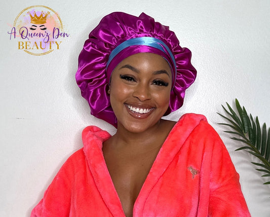 AQueenzDen double layer satin bonnet in magenta with a light blue band and adjustable ties. Women's night cap.