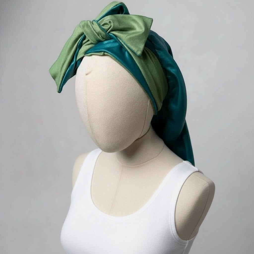 AQueenzDen reversible double layer satin bonnet in teal and green with adjustable ties tied in a bow.