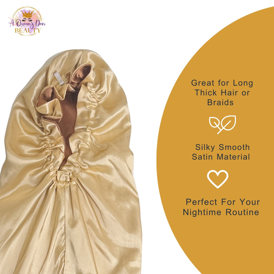 A Queenz Den double layer reversible satin hair bonnet in champagne gold, perfect for long, thick hair and braids.