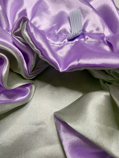 AQueenzDen reversible double layer satin hair bonnet in lavender and silver, perfect for long, thick hair.
