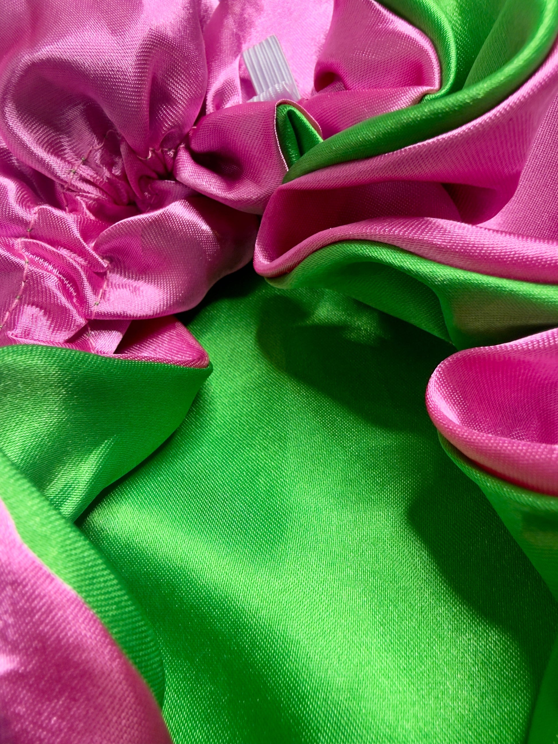 AQueenzDen reversible double layer long satin hair bonnet in pink and green
