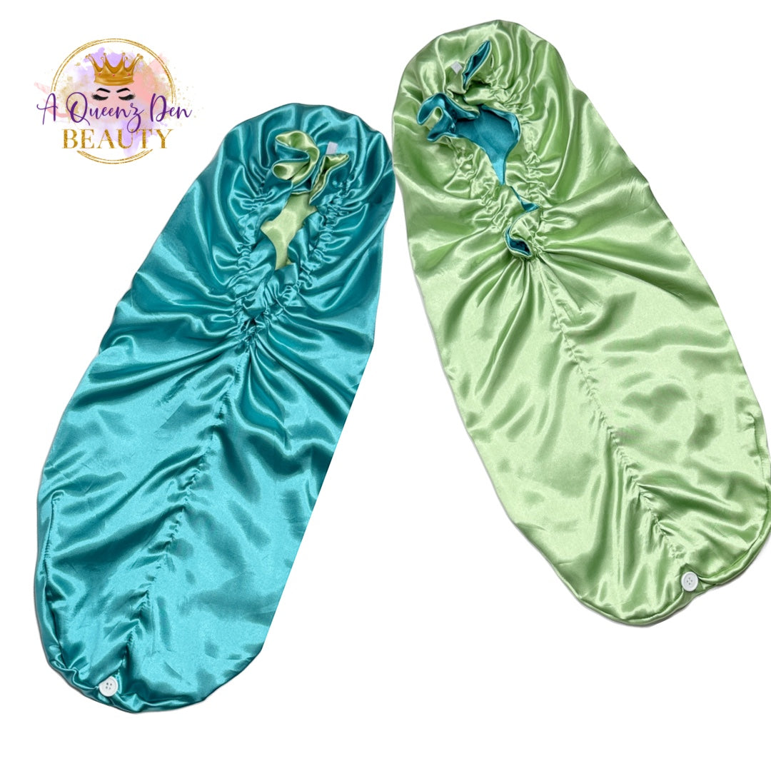 AQueenzDen teal and lime green double layer satin hair bonnet for long, thick hair. Reversible design.