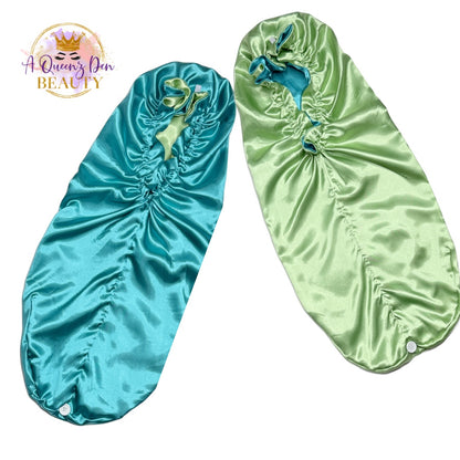 AQueenzDen teal and lime green double layer satin hair bonnet for long, thick hair. Reversible design.