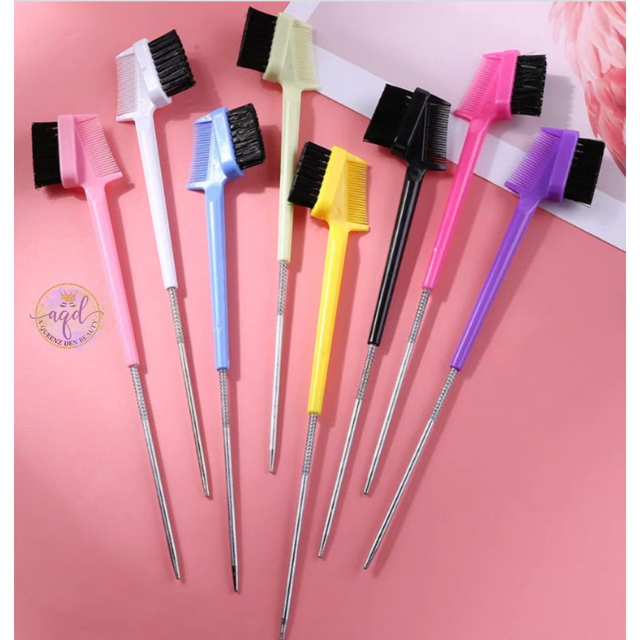 AQueenzDen's double-sided edge brush with boar bristles and comb for styling baby hairs.