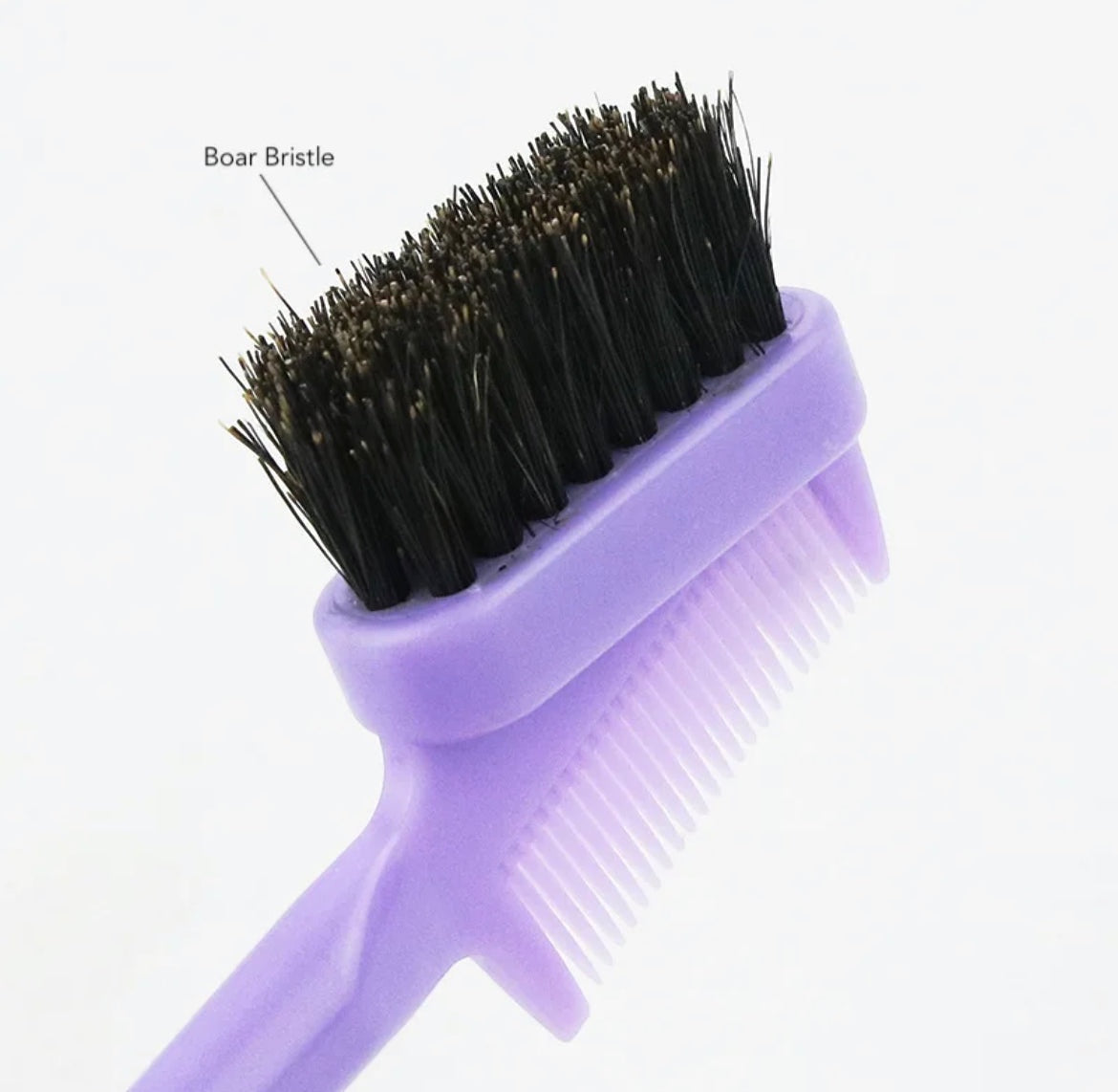 AQueenzDen Premium double-sided edge brush with boar bristles and a fine-tooth comb in lavender.