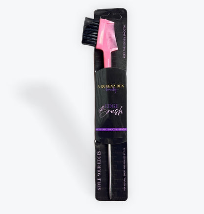 AQueenzDen double-sided pink edge brush with black bristles and a metal tail comb for styling baby hairs.