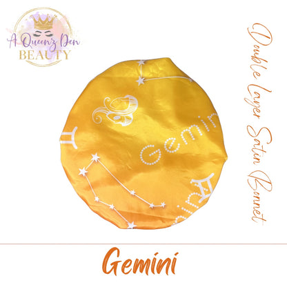 AQueenzDen Gemini yellow gradient double layer satin hair bonnet with constellation and zodiac symbols.