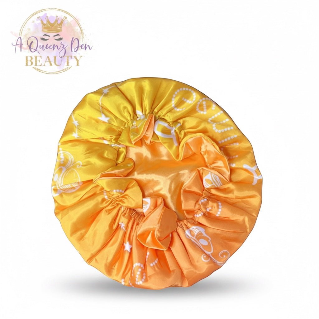 AQueenzDen Gemini yellow gradient double layer satin hair bonnet with white celestial print. Reversible and all sizes.