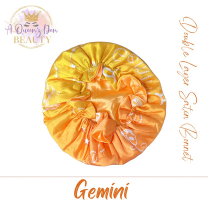 AQueenzDen Gemini yellow gradient double layer satin hair bonnet with reversible design and celestial print.