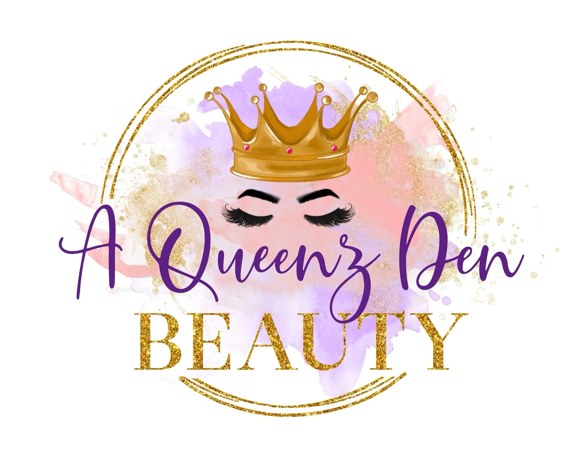 A Queenz Den gift card featuring a gold crown, closed eyes with long lashes, and purple and gold watercolor background.