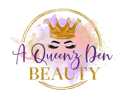 A Queenz Den gift card featuring a gold crown, closed eyes with long lashes, and purple and gold watercolor background.