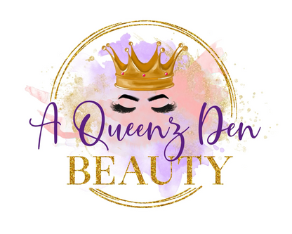 A Queenz Den gift card featuring a gold crown and purple text on a watercolor background.