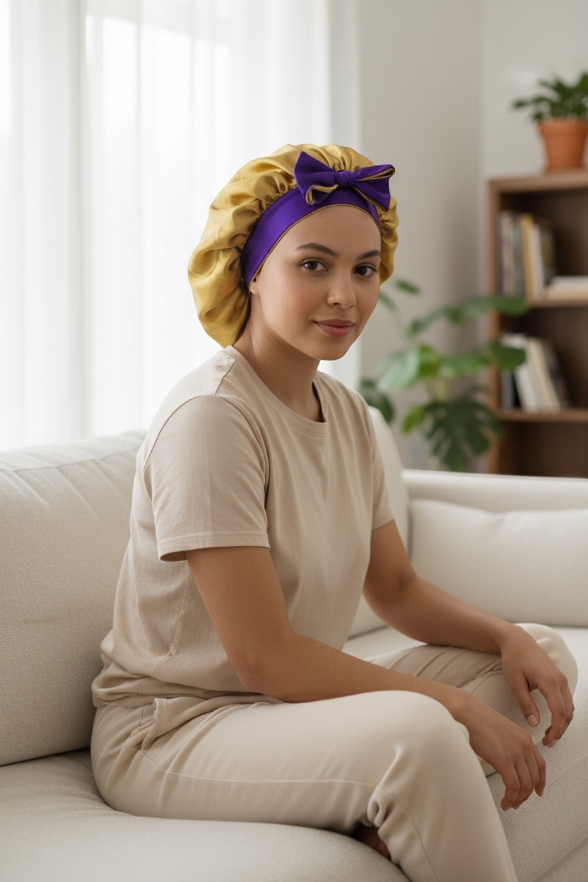 AQueenzDen gold satin bonnet with purple trim and bow, featuring adjustable ties for a secure fit.
