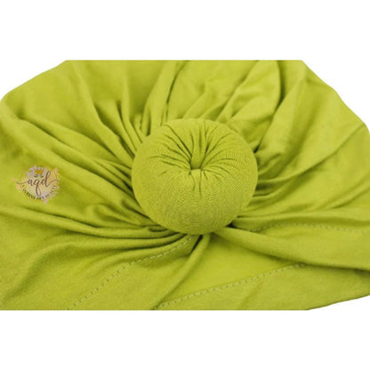 AQueenzDen Mommy and Me lime green cotton top knot turban with a pre-tied knot.