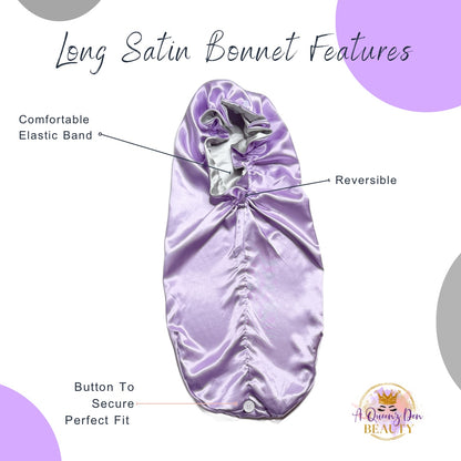 A Queenz Den double layer reversible long satin hair bonnet in lavender, featuring a comfortable elastic band and button closure for a perfect fit.