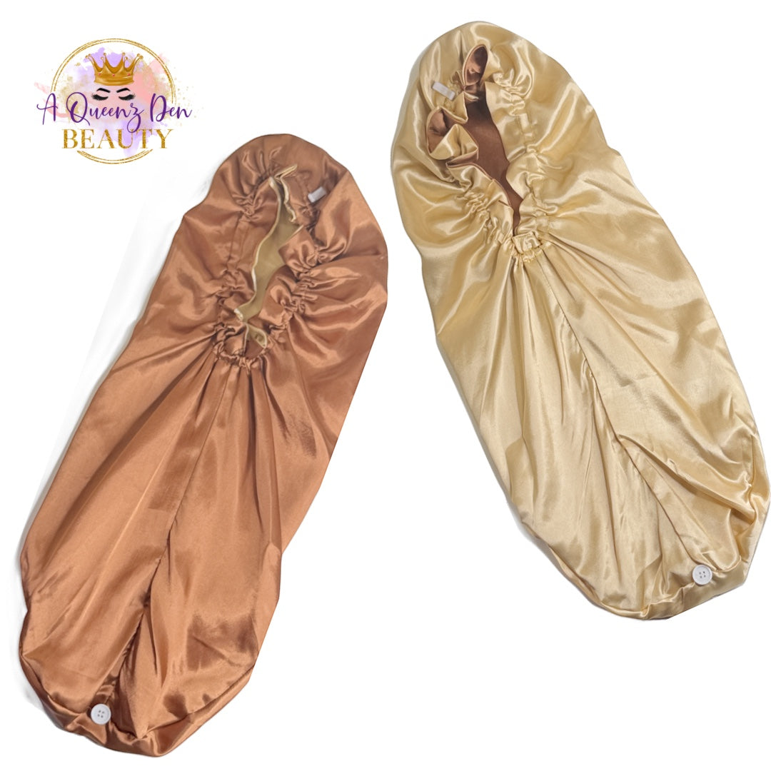 AQueenzDen Double Layer Long Satin Hair Bonnet in bronze and gold, reversible design for long, thick hair.
