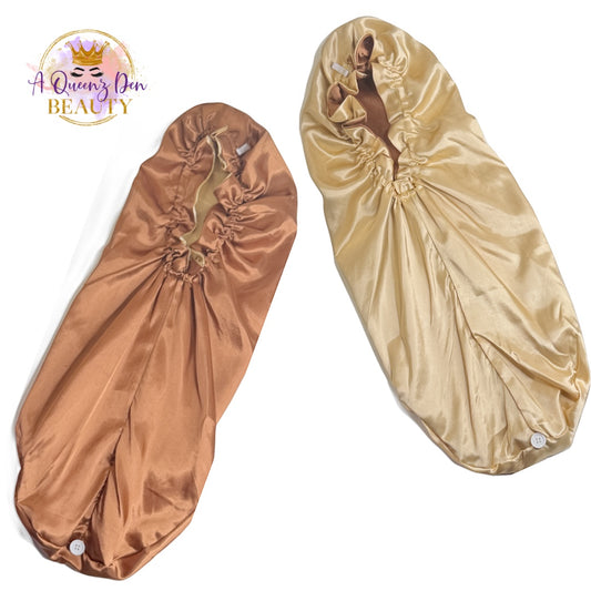 AQueenzDen Double Layer Long Satin Hair Bonnet in bronze and gold, reversible design for long, thick hair.