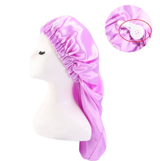 AQueenzDen Single Layer Long Satin Hair Bonnet in lilac, perfect for long and thick hair.