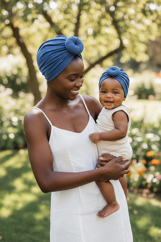 AQueenzDen Mommy and Me matching blue cotton top knot turbans. Woman holds baby, both wearing matching turbans.