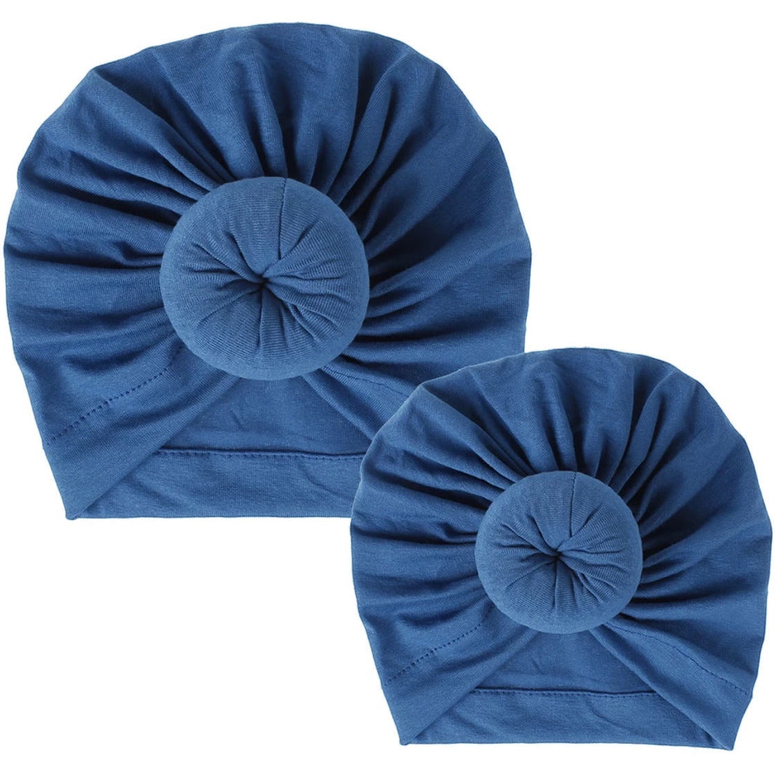 AQueenzDen Mommy and Me matching blue cotton top knot turbans with pre-tied knot detail.