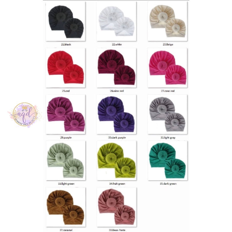 AQueenzDen Mommy and Me cotton top knot turbans in various colors. Pre-tied knot design for easy wear.