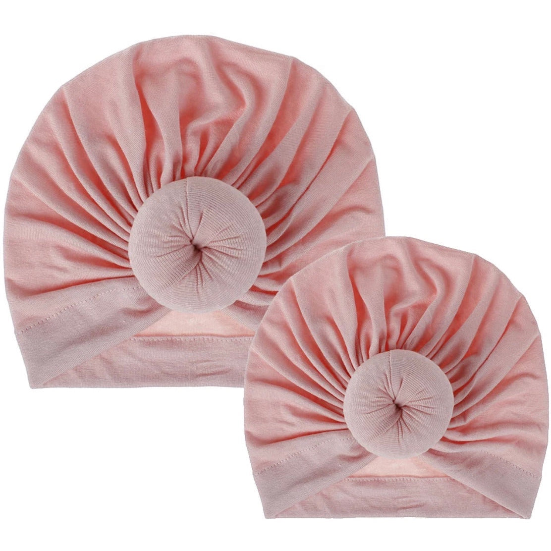 AQueenzDen Mommy and Me matching pink cotton turbans with pre-tied knots. Lightweight and breathable.